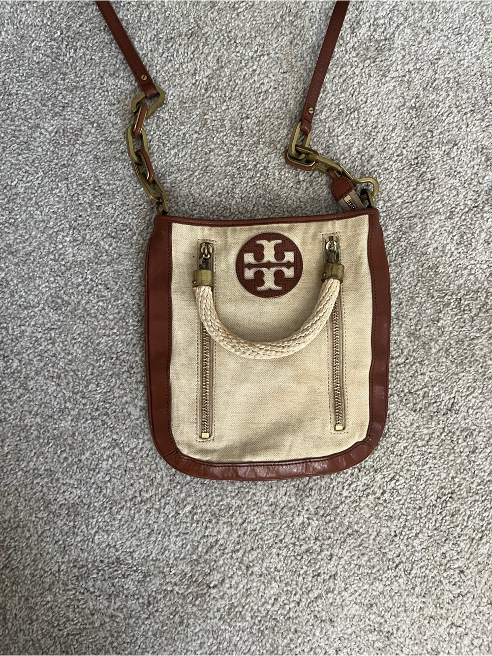 Tory Burch Cream Canvas and Brown Leather Shoulder Bag
